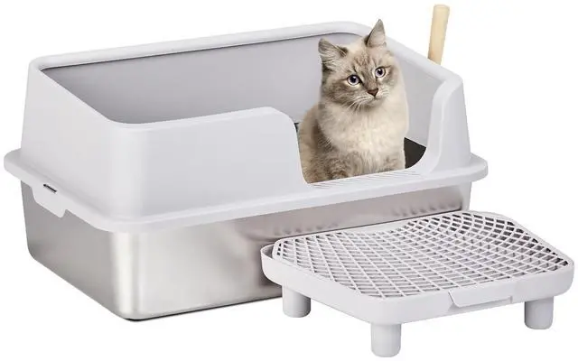 Alt view image 2 of 7 - Stainless Steel Cat Litter Box with Lid, Extra Large Litter Pan with High Sides for Big Cats, Kitty Litter Box with Pedal Filter and Scoop, No Odor, Non-Sticky, Anti-Leakage, Easy Cleaning, Gray