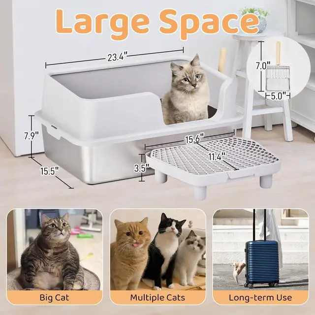 Alt view image 4 of 7 - Stainless Steel Cat Litter Box with Lid, Extra Large Litter Pan with High Sides for Big Cats, Kitty Litter Box with Pedal Filter and Scoop, No Odor, Non-Sticky, Anti-Leakage, Easy Cleaning, Gray
