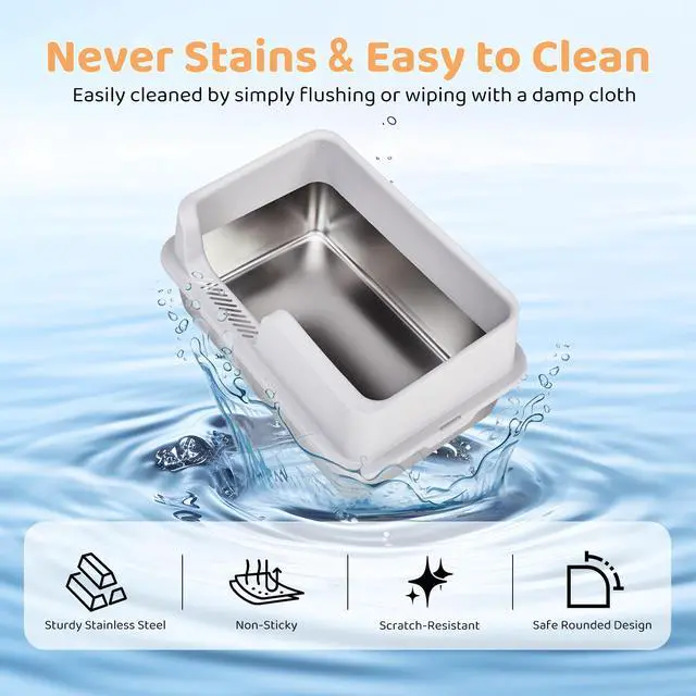 Alt view image 3 of 7 - Stainless Steel Cat Litter Box with Lid, Extra Large Litter Pan with High Sides for Big Cats, Kitty Litter Box with Pedal Filter and Scoop, No Odor, Non-Sticky, Anti-Leakage, Easy Cleaning, Gray