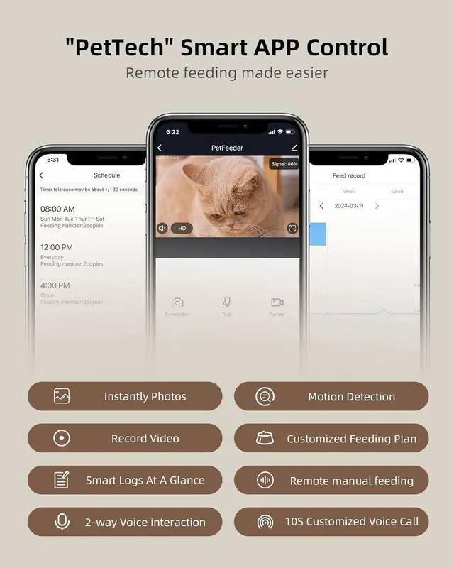 Alt view image 7 of 7 - Automatic Cat Feeder with Camera, 1080P HD Video Cat Food Dispenser with Stainless Steel Bowls WiFi Automatic Pet Feeder with 2 Way Audio,Smart App Control
