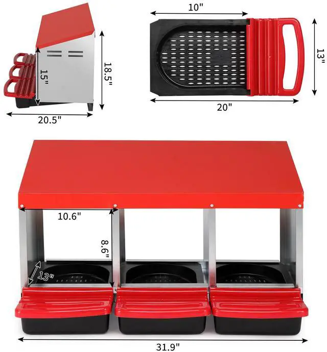 Alt view image 5 of 7 - Kuyao3 Compartment Roll Out Chicken Nesting Box with Plastic Basket, Egg Nest Box Chicken Laying Box Hens Chicken Coop Box, Red