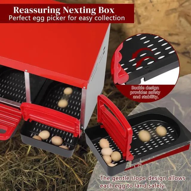 Alt view image 2 of 7 - Kuyao3 Compartment Roll Out Chicken Nesting Box with Plastic Basket, Egg Nest Box Chicken Laying Box Hens Chicken Coop Box, Red