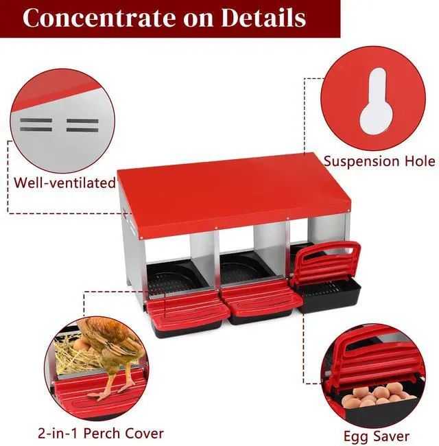 Alt view image 7 of 7 - Kuyao3 Compartment Roll Out Chicken Nesting Box with Plastic Basket, Egg Nest Box Chicken Laying Box Hens Chicken Coop Box, Red