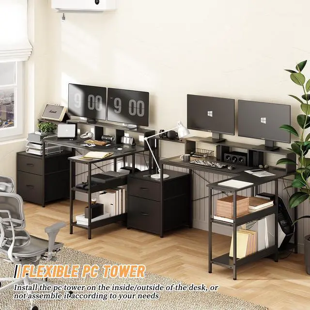 Alt view image 6 of 7 - akuyao L Shaped Gaming Desk with File Drawer, 73" Reversible L Shaped Computer Desk with Power Outlet & LED Lights, Storage Shelves and Monitor Stand Corner Desk BLACK