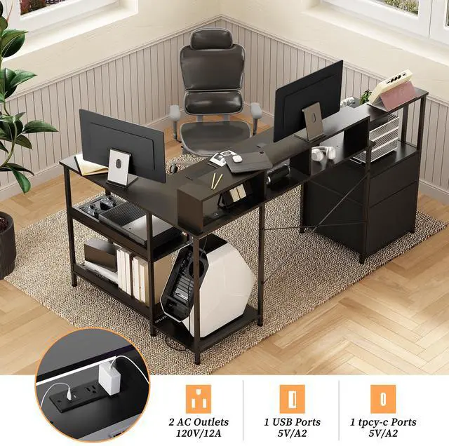 Alt view image 4 of 7 - akuyao L Shaped Gaming Desk with File Drawer, 73" Reversible L Shaped Computer Desk with Power Outlet & LED Lights, Storage Shelves and Monitor Stand Corner Desk BLACK