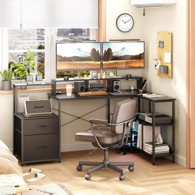 Alt view image 3 of 7 - akuyao L Shaped Gaming Desk with File Drawer, 73" Reversible L Shaped Computer Desk with Power Outlet & LED Lights, Storage Shelves and Monitor Stand Corner Desk BLACK