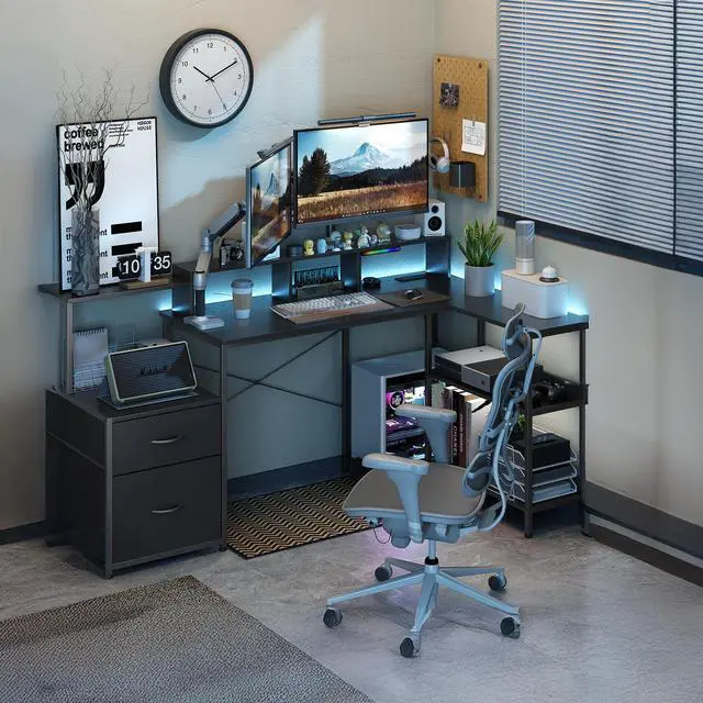 Main image of akuyao L Shaped Gaming Desk with File Drawer, 73" Reversible L Shaped Computer Desk with Power Outlet & LED Lights, Storage Shelves and Monitor Stand Corner Desk BLACK