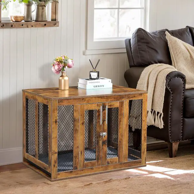 Alt view image 2 of 7 - Furniture Dog Crate with Tray for Medium Dogs, Indoor Aesthetic Puppy Kennel Pet House Dog Cage with Door, Modern Decorative Wood Pretty Cute Fancy End Side Table Nightstand, Rustic Brown