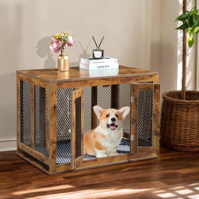 Main image of Furniture Dog Crate with Tray for Medium Dogs, Indoor Aesthetic Puppy Kennel Pet House Dog Cage with Door, Modern Decorative Wood Pretty Cute Fancy End Side Table Nightstand, Rustic Brown