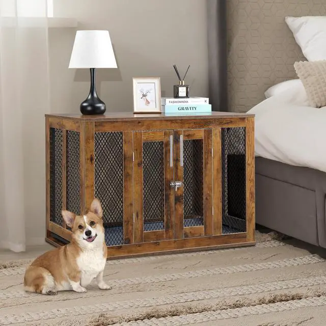 Alt view image 3 of 7 - Furniture Dog Crate with Tray for Medium Dogs, Indoor Aesthetic Puppy Kennel Pet House Dog Cage with Door, Modern Decorative Wood Pretty Cute Fancy End Side Table Nightstand, Rustic Brown