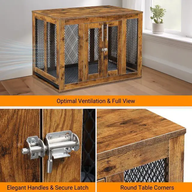 Alt view image 6 of 7 - Furniture Dog Crate with Tray for Medium Dogs, Indoor Aesthetic Puppy Kennel Pet House Dog Cage with Door, Modern Decorative Wood Pretty Cute Fancy End Side Table Nightstand, Rustic Brown