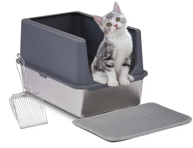 Alt view image 3 of 7 - XL Stainless Steel Cat Litter Box with Lid, Extra Large Litter Pan with High Sides, Easy Cleaning, Include Double Layer Litter Mat and Scoop, Gray