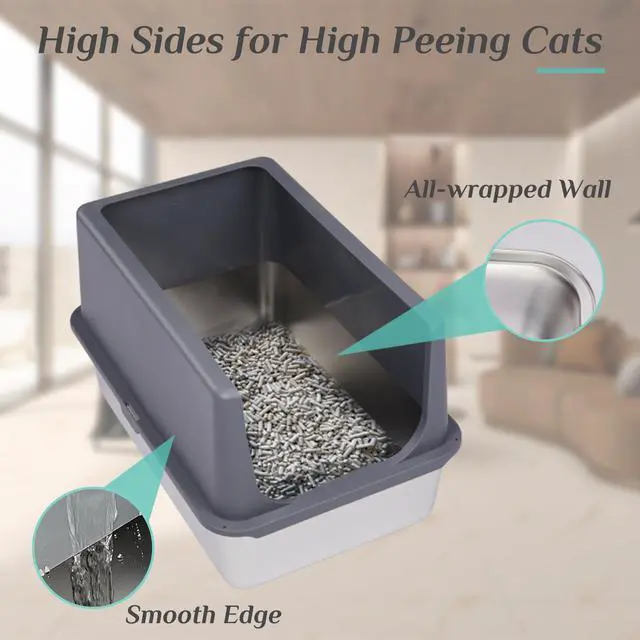 Alt view image 5 of 7 - XL Stainless Steel Cat Litter Box with Lid, Extra Large Litter Pan with High Sides, Easy Cleaning, Include Double Layer Litter Mat and Scoop, Gray