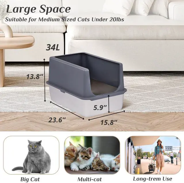 Alt view image 6 of 7 - XL Stainless Steel Cat Litter Box with Lid, Extra Large Litter Pan with High Sides, Easy Cleaning, Include Double Layer Litter Mat and Scoop, Gray