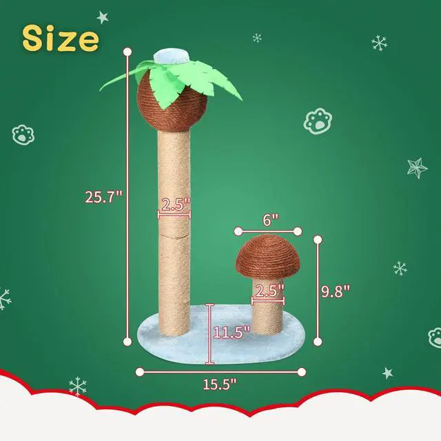 Alt view image 5 of 7 - 27.5in Coconut Palm Tree Cat Scratching Post, Cute Cat Scratcher with Natural Sisal Posts & Dangling Balls for Indoor Cats