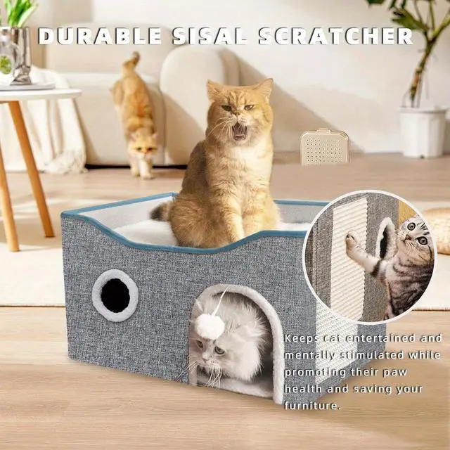 Alt view image 4 of 5 - Extra-Wide Cat House for Indoor Cats - Large Cat Cave for Pet Cat House with Fluffy Ball Hanging and Scratch Pad, Foldable Cat Hideaway for Multi Cats
