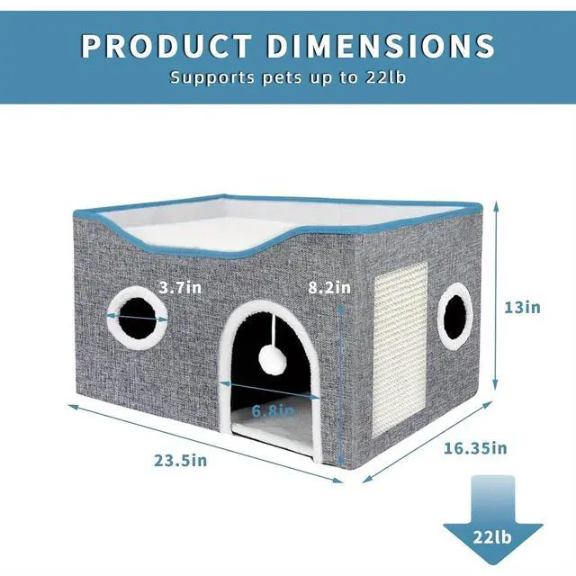 Alt view image 5 of 5 - Extra-Wide Cat House for Indoor Cats - Large Cat Cave for Pet Cat House with Fluffy Ball Hanging and Scratch Pad, Foldable Cat Hideaway for Multi Cats