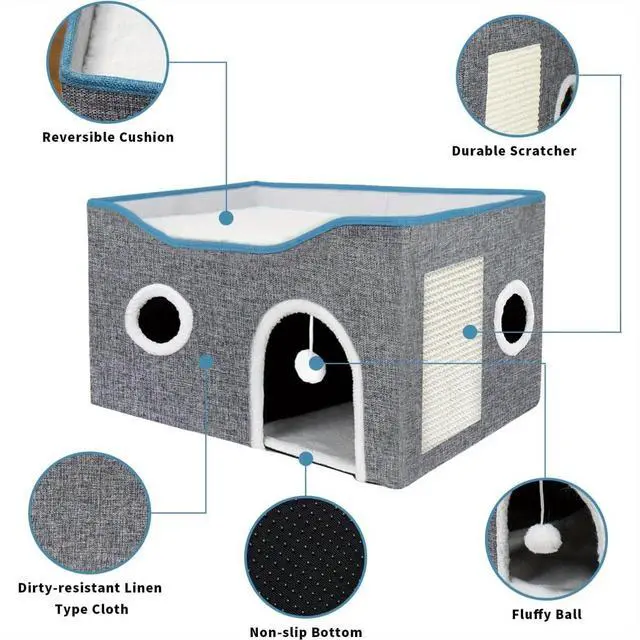Alt view image 2 of 5 - Extra-Wide Cat House for Indoor Cats - Large Cat Cave for Pet Cat House with Fluffy Ball Hanging and Scratch Pad, Foldable Cat Hideaway for Multi Cats