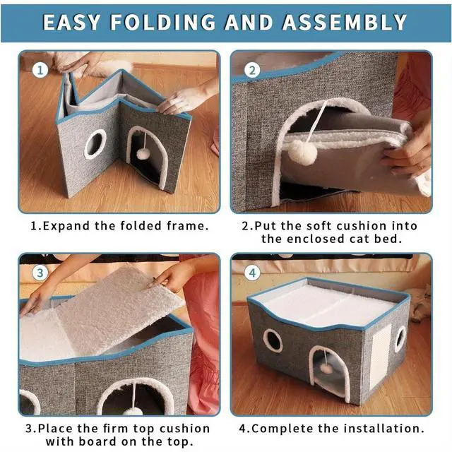 Alt view image 3 of 5 - Extra-Wide Cat House for Indoor Cats - Large Cat Cave for Pet Cat House with Fluffy Ball Hanging and Scratch Pad, Foldable Cat Hideaway for Multi Cats