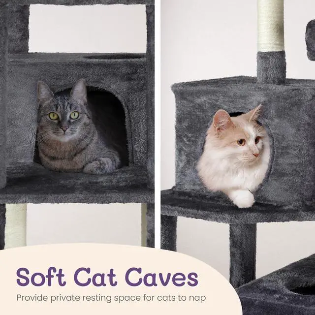 Alt view image 4 of 7 - 65 inch Cat Tree Cat Tower for Indoor Cats, Large Multi-Level Cat Play House Condo Furniture with Padded Platform Beds, Large Cozy Condos, Sisal Scratching Posts, Toy Balls and Cat Play Tunnel, Dark