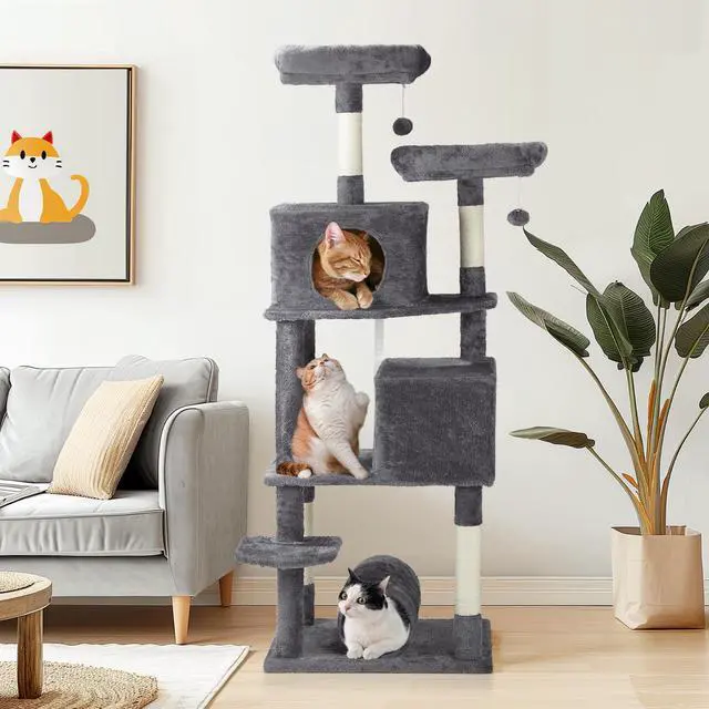 Alt view image 2 of 7 - 65 inch Cat Tree Cat Tower for Indoor Cats, Large Multi-Level Cat Play House Condo Furniture with Padded Platform Beds, Large Cozy Condos, Sisal Scratching Posts, Toy Balls and Cat Play Tunnel, Dark