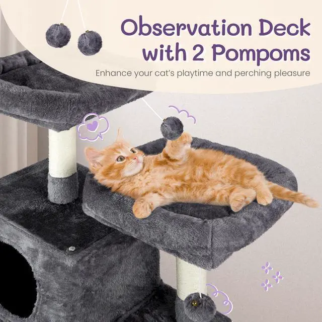 Alt view image 6 of 7 - 65 inch Cat Tree Cat Tower for Indoor Cats, Large Multi-Level Cat Play House Condo Furniture with Padded Platform Beds, Large Cozy Condos, Sisal Scratching Posts, Toy Balls and Cat Play Tunnel, Dark