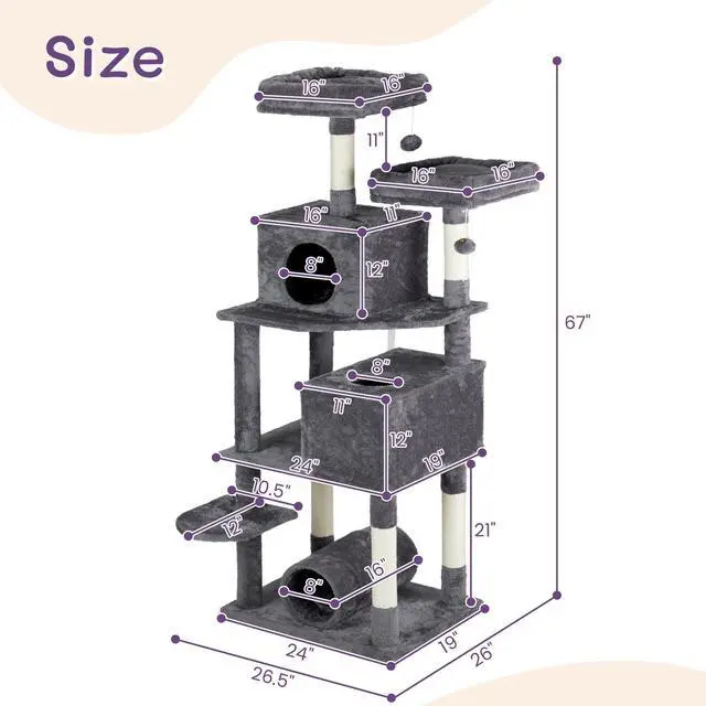 Alt view image 3 of 7 - 65 inch Cat Tree Cat Tower for Indoor Cats, Large Multi-Level Cat Play House Condo Furniture with Padded Platform Beds, Large Cozy Condos, Sisal Scratching Posts, Toy Balls and Cat Play Tunnel, Dark