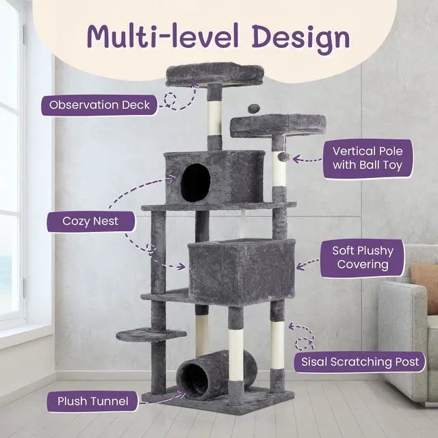 Alt view image 5 of 7 - 65 inch Cat Tree Cat Tower for Indoor Cats, Large Multi-Level Cat Play House Condo Furniture with Padded Platform Beds, Large Cozy Condos, Sisal Scratching Posts, Toy Balls and Cat Play Tunnel, Dark