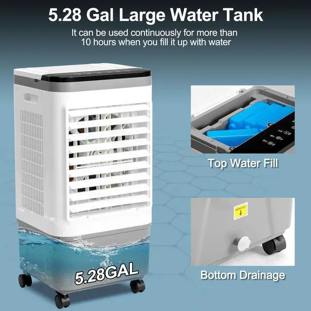 Alt view image 7 of 7 - 3 in 1 Portable Evaporative Cooler,720R,Indoor,Outdoor,461CFM Air Cooler with remote,Copper motor,5.28 Gal Water Tank & Scroll Casters, 4 Ice Packs,12H timer settings,Gray and White