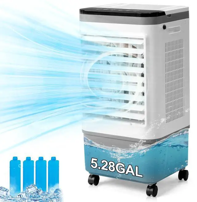 Alt view image 5 of 7 - 3 in 1 Portable Evaporative Cooler,720R,Indoor,Outdoor,461CFM Air Cooler with remote,Copper motor,5.28 Gal Water Tank & Scroll Casters, 4 Ice Packs,12H timer settings,Gray and White