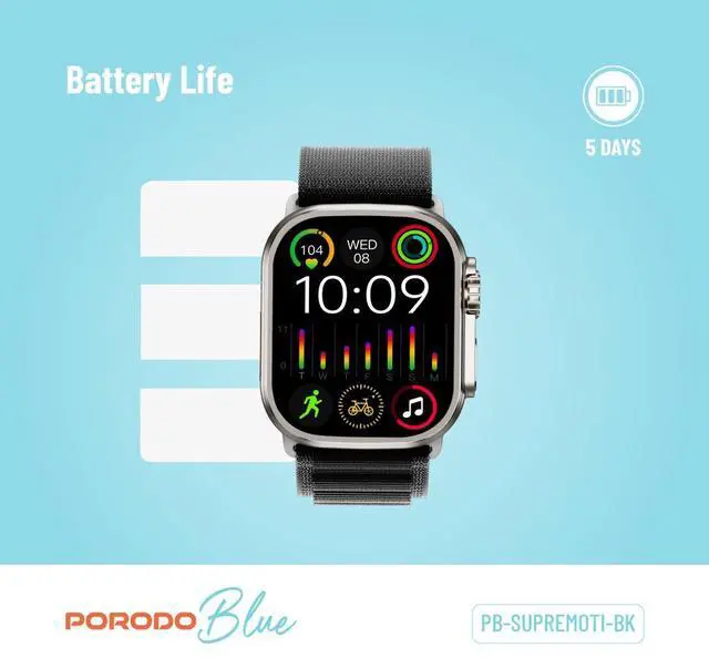 Alt view image 6 of 7 - Porodo Blue Supremo Smart Watch Black Dial + Black Silicon Strap & Black Alpine