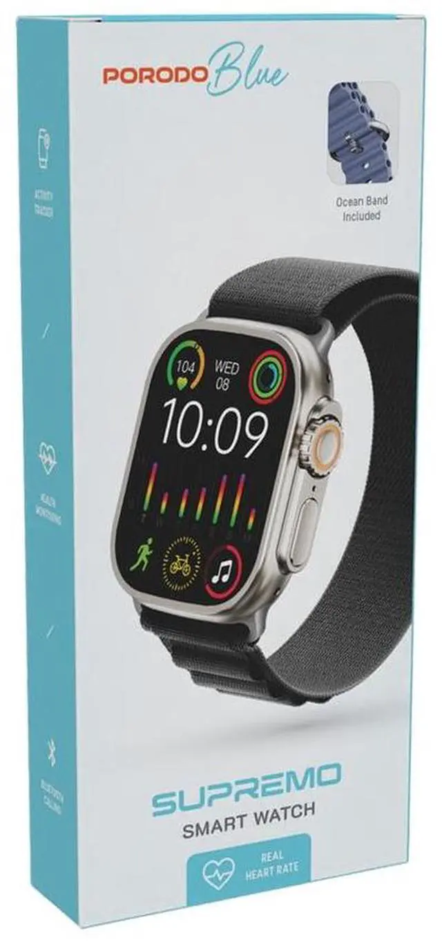 Alt view image 7 of 7 - Porodo Blue Supremo Smart Watch Black Dial + Black Silicon Strap & Black Alpine