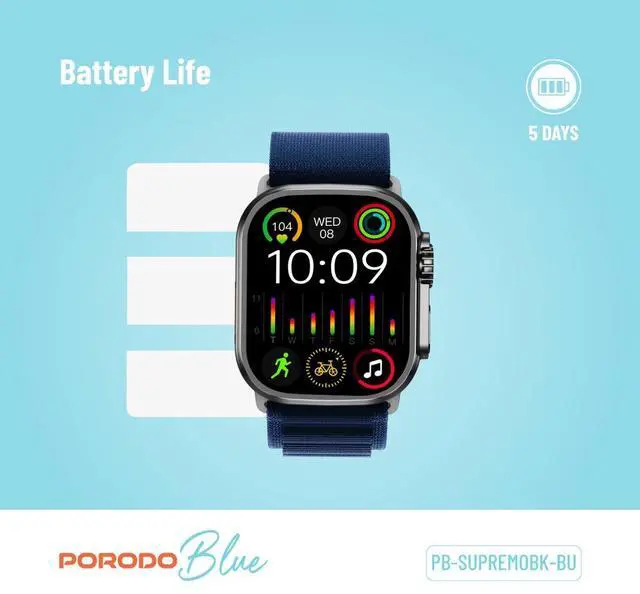 Alt view image 6 of 7 - Porodo Blue Supremo Smart Watch Black Dial + Blue Silicon Strap & Blue Alpine