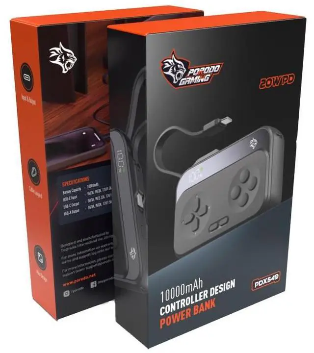 Alt view image 3 of 3 - Porodo Gaming 10000mAh Gaming Design Power Bank Type-C USB A with Type-C Cable - Black