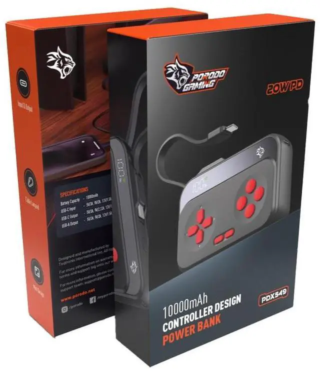 Alt view image 3 of 3 - Porodo Gaming 10000mAh Gaming Design Power Bank Type-C USB A with Type-C Cable - Black/Red