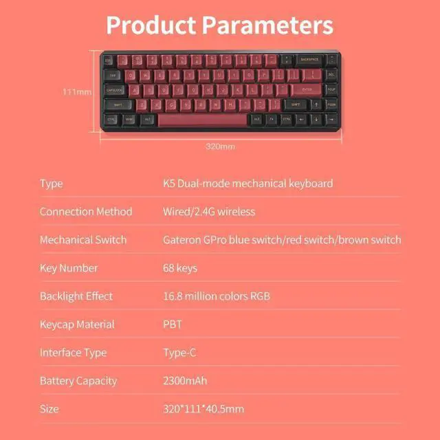Alt view image 4 of 4 - Darmo Shark K5 Wired+2.4G Wireless Dual-mode Mechanical Keyboard - Red Switch