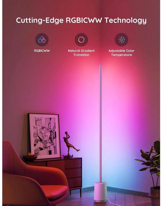 Alt view image 4 of 7 - Govee Lyra RGBICWW Corner Floor Lamp - White
