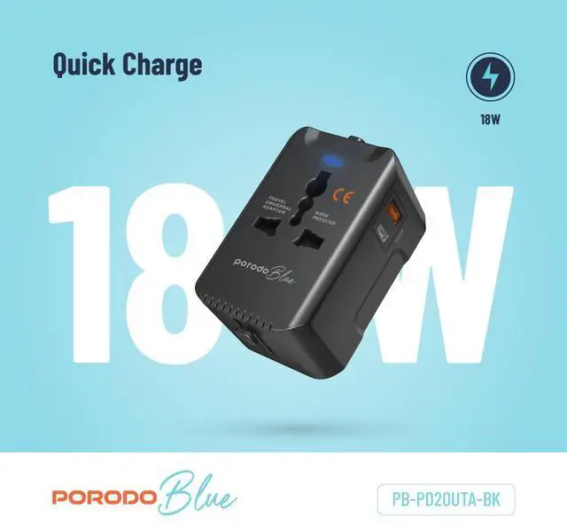 Alt view image 7 of 7 - Porodo Blue PD20 Universal Travel Adapter - Black
