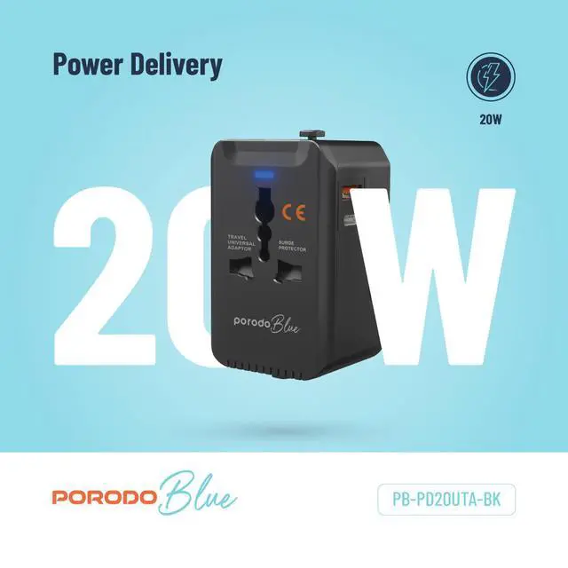 Alt view image 6 of 7 - Porodo Blue PD20 Universal Travel Adapter - Black