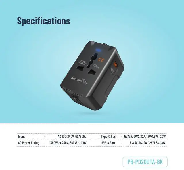 Alt view image 3 of 7 - Porodo Blue PD20 Universal Travel Adapter - Black