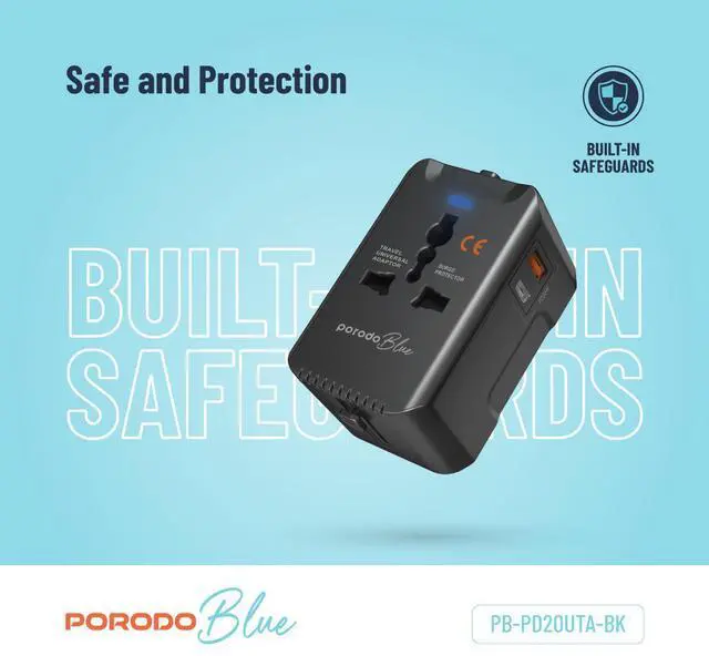 Alt view image 4 of 7 - Porodo Blue PD20 Universal Travel Adapter - Black