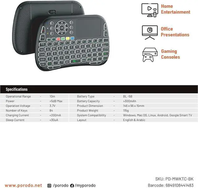 Alt view image 6 of 6 - Porodo Mini Wireless Keyboard Touch Combo - Black
