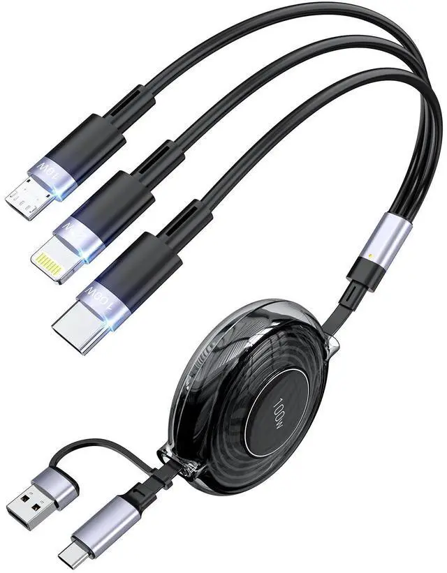 Main image of 100W 6-in-1 Retractable Charging Cable, Type C/Lightning/Micro USB Multi Charger Cords for iPhones, iPads, MacBook, Tablets, Galaxy, Note & More - 4Ft/1.2M 5A Fast Charging, Durable & Portable, Black