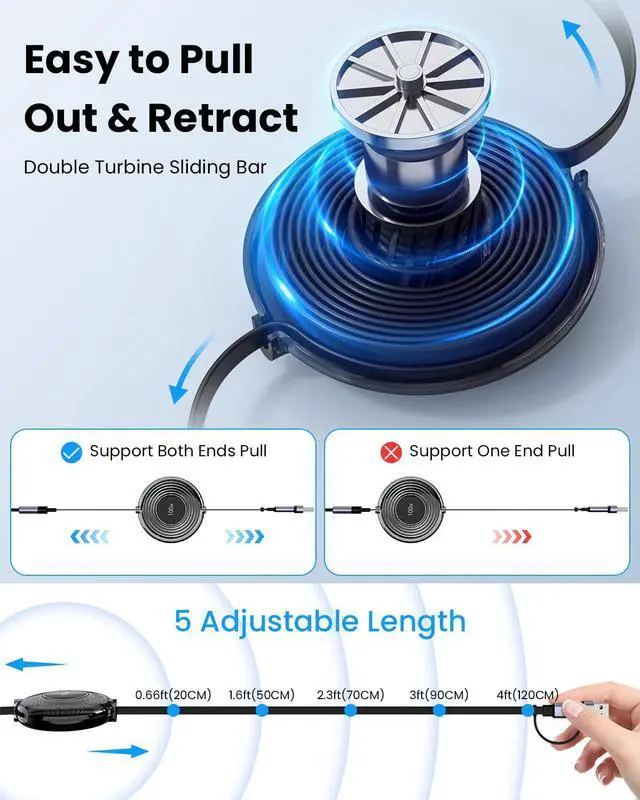 Alt view image 3 of 7 - 100W 6-in-1 Retractable Charging Cable, Type C/Lightning/Micro USB Multi Charger Cords for iPhones, iPads, MacBook, Tablets, Galaxy, Note & More - 4Ft/1.2M 5A Fast Charging, Durable & Portable, Black