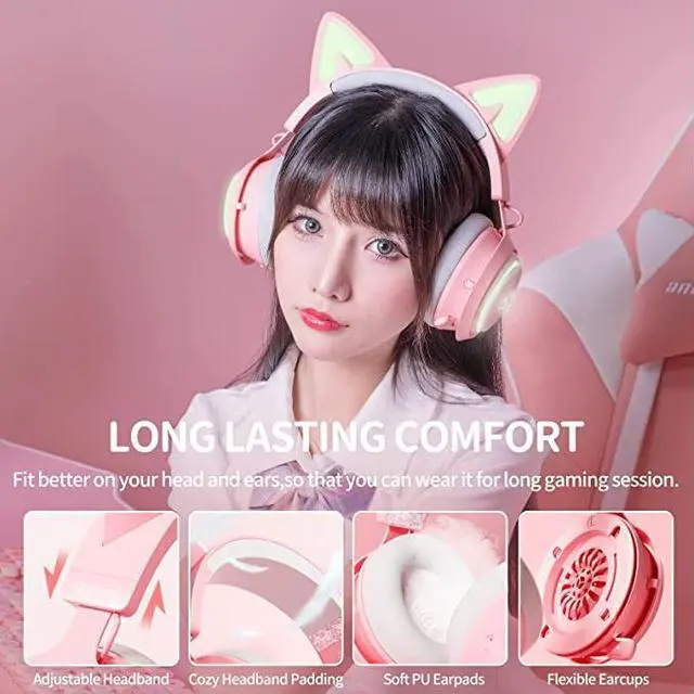 Alt view image 5 of 6 - SOMiC Pink Cat Ear Headset Wireless Gaming Headsets for PS5/ PS4/ PC, 2.4G with Retractable Mic Noise Cancelling, 7.1 Stereo Sound,10H Playtime, RGB Lighting