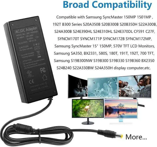 Alt view image 6 of 6 - 14V Power Cord for Samsung Monitor UL Listed 14V 3A 2.5A 2.14A 1.78A 42W Power Supply AC DC Adapter for Samsung SyncMaster 15" 17" 18" 19" 20" 22" 23" 24" 27" Screen TFT LED LCD TV Monitor