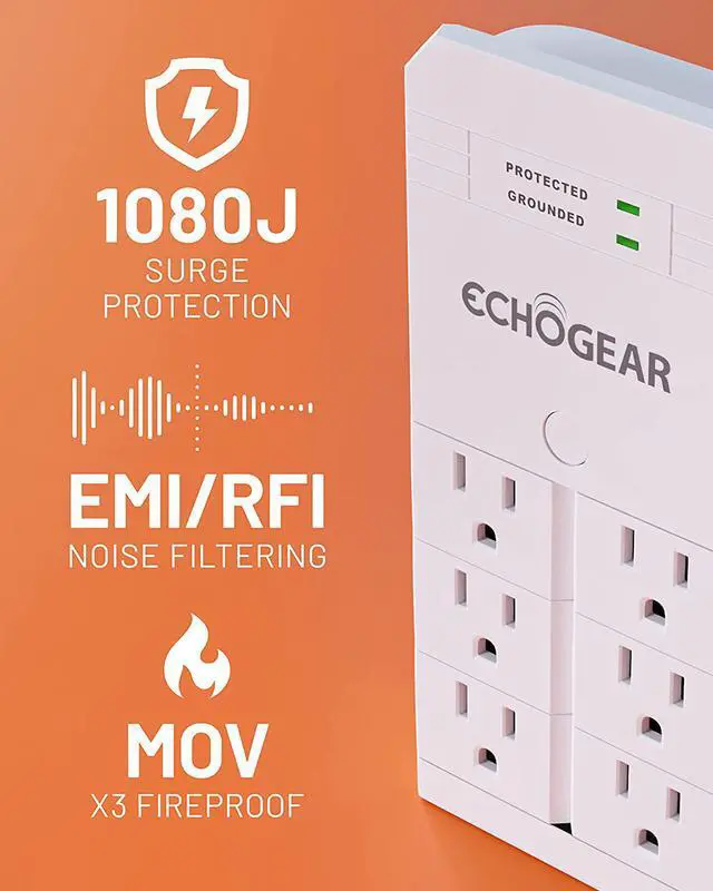 Alt view image 2 of 7 - ECHOGEAR On-Wall Surge Protector with 6 Pivoting AC Outlets & 1080 Joules of Surge Protection - Low Profile Design Installs Over Existing Outlets to Protect Your Gear (White)