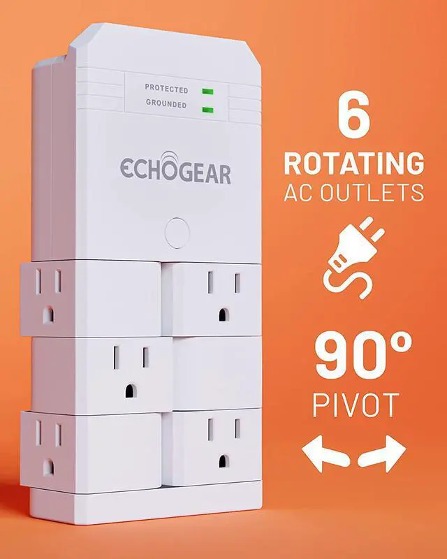 Alt view image 3 of 7 - ECHOGEAR On-Wall Surge Protector with 6 Pivoting AC Outlets & 1080 Joules of Surge Protection - Low Profile Design Installs Over Existing Outlets to Protect Your Gear (White)