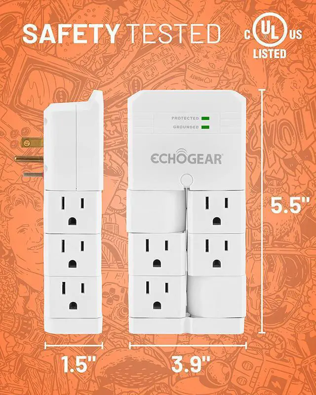 Alt view image 4 of 7 - ECHOGEAR On-Wall Surge Protector with 6 Pivoting AC Outlets & 1080 Joules of Surge Protection - Low Profile Design Installs Over Existing Outlets to Protect Your Gear (White)