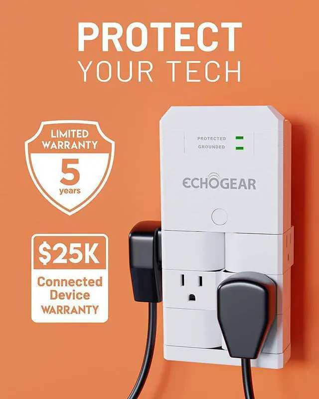 Alt view image 7 of 7 - ECHOGEAR On-Wall Surge Protector with 6 Pivoting AC Outlets & 1080 Joules of Surge Protection - Low Profile Design Installs Over Existing Outlets to Protect Your Gear (White)